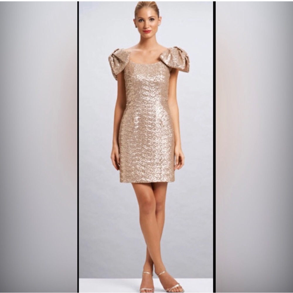 Arabella Gold Sequin Puff Sleeve Bow Dress Cocktail 6 Bows Christmas NYE Party